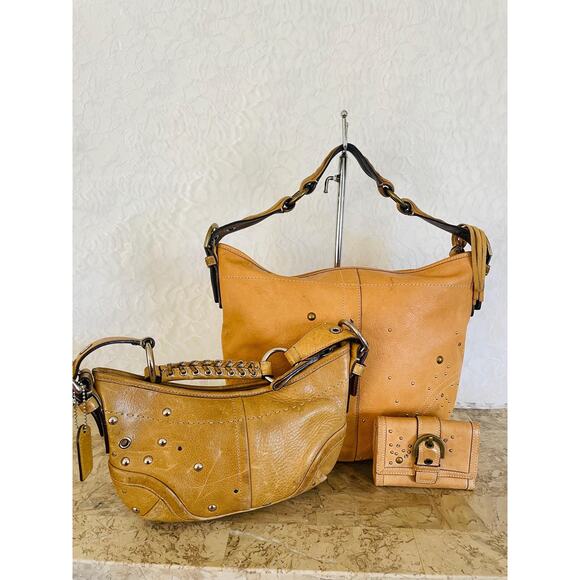 Coach Handbags - Bundle of 3 Vtg Rare Coach Ergo stud rivet camel Shoulder bag mini Wallet Y2K